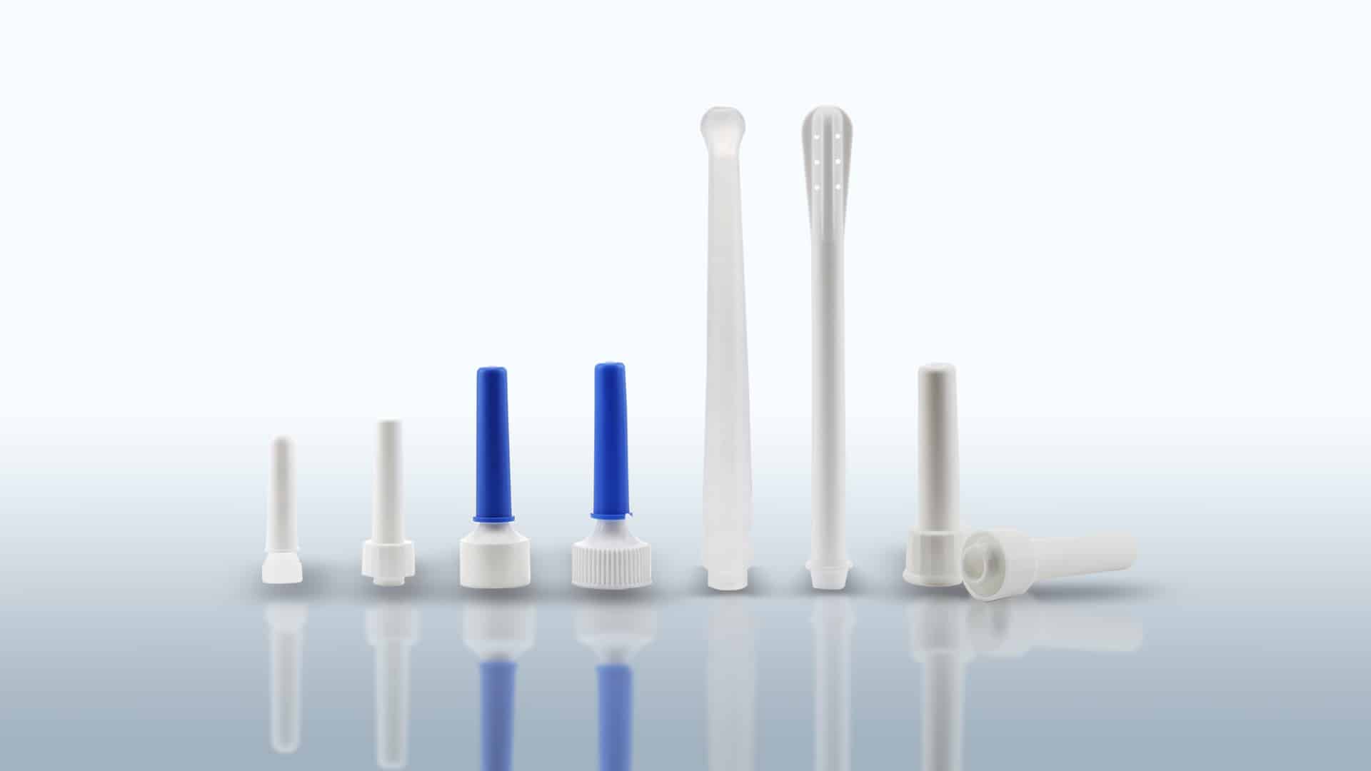Applicators for rectal and vaginal liquids and creams. Screw or snap-on. Single and strip flow pack packaging